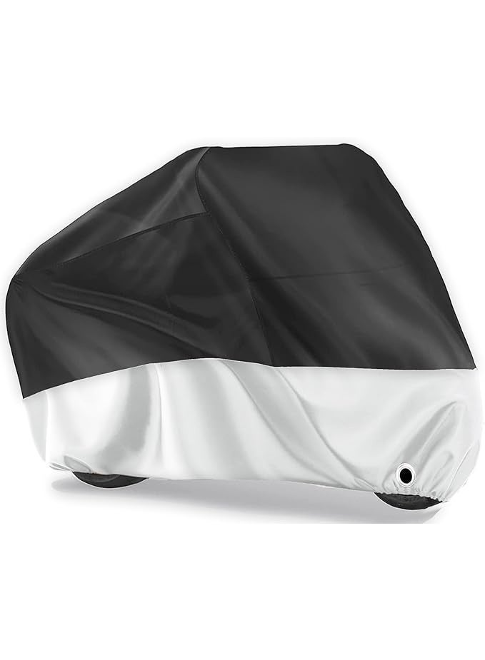 غطاء دراجة نارية مقاوم للماء، غطاء للدراجة النارية يحمي من الأشعة فوق البنفسجية والغبار والمطر والطقس، واقٍ خارجي للدراجة النارية مع فتحتين للقفل، مقاس XL فضى و أسود - Image 1